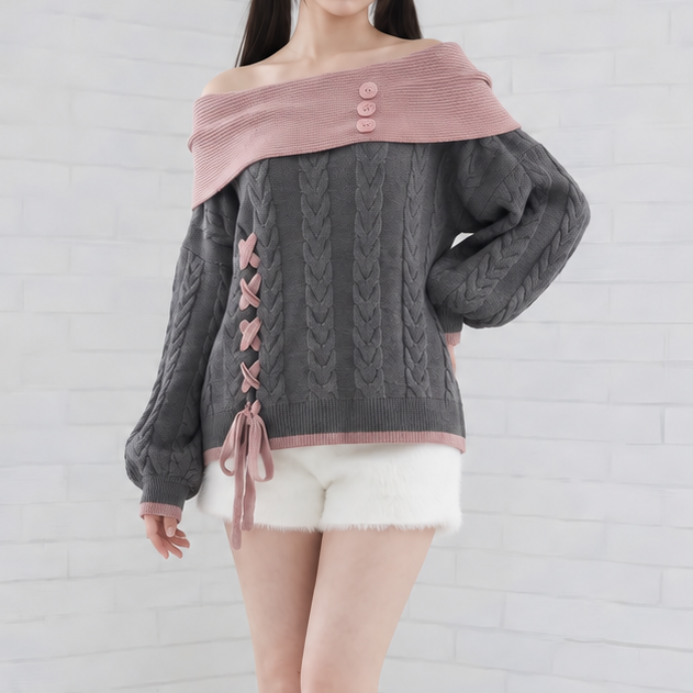 【CatWish】編み上げオフショルダーセーター◆セーター 地雷系 S、M