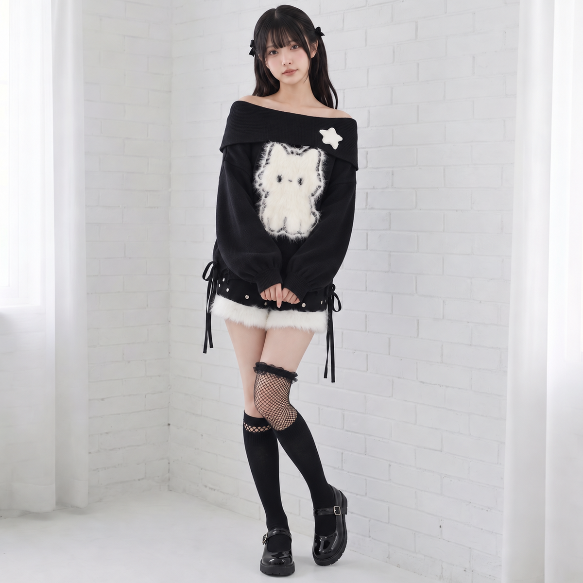 【CatWish】猫柄オフショルダーセーター◆セーター サブカル系 S、M