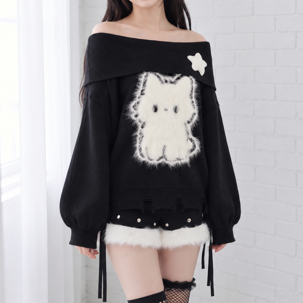 【CatWish】猫柄オフショルダーセーター◆セーター サブカル系 S、M