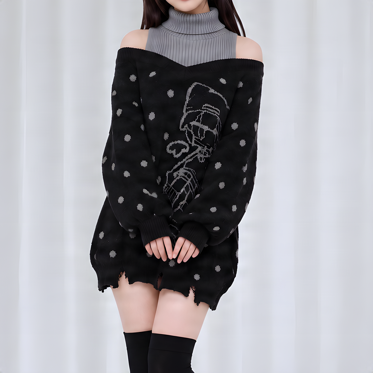 【CatWish】肩見せドット柄フェイクレイヤードセーター◆セーター サブカル系 S、M、L