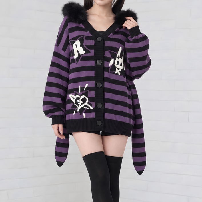 【CatWish】うさ耳フード付きボーダーカーディガン◆カーディガン サブカル系 S、M