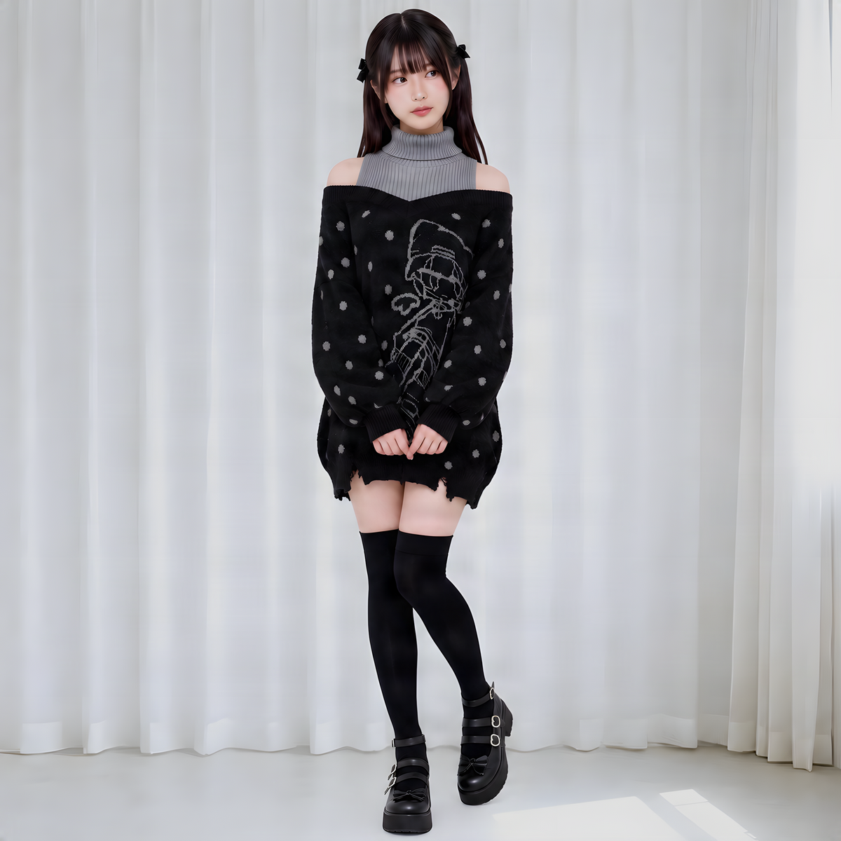 【CatWish】肩見せドット柄フェイクレイヤードセーター◆セーター サブカル系 S、M、L