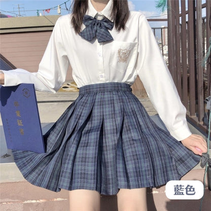 白シャツ+チェック柄スカート+リボンタイ3点セット「6」◆上下セット 学生服 XS、S、M、L、XL