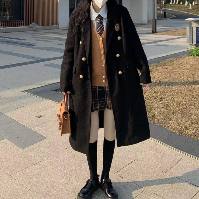 ラペルカラーダブルブレストウールコート◇コート 学生服 S、M、L、XL