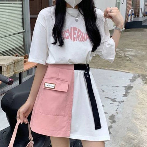 ロングTシャツ+ハーフスカートセットアップ(1)◆上下セット ガーリー系 S、M、L、XL、XXL