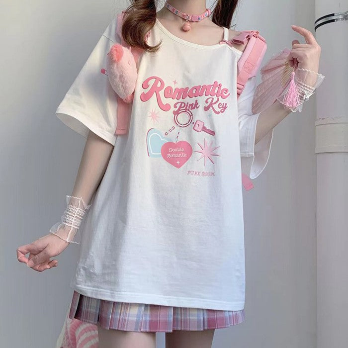 ワンショルダーストラップTシャツピンクキーver◇Tシャツ 地雷系 M、L