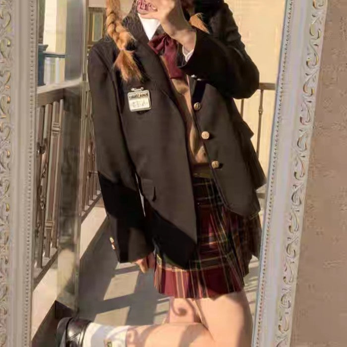 チェック柄スカート+シャツ+リボンタイ+ベスト+ブレザー5点セット『4』◆ブレザーセット 学生服 S、M、L、XL