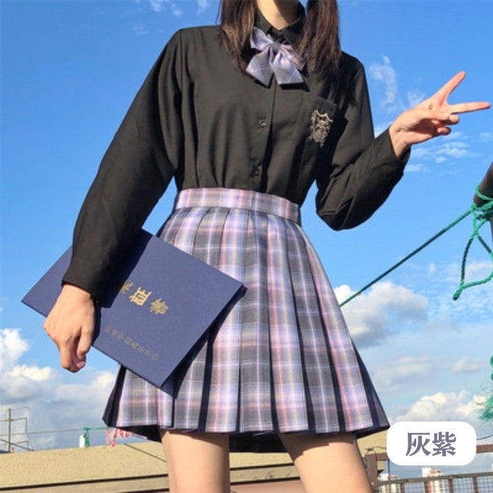 黒色シャツ+チェック柄スカート+リボンタイ3点セット「5」◇上下セット