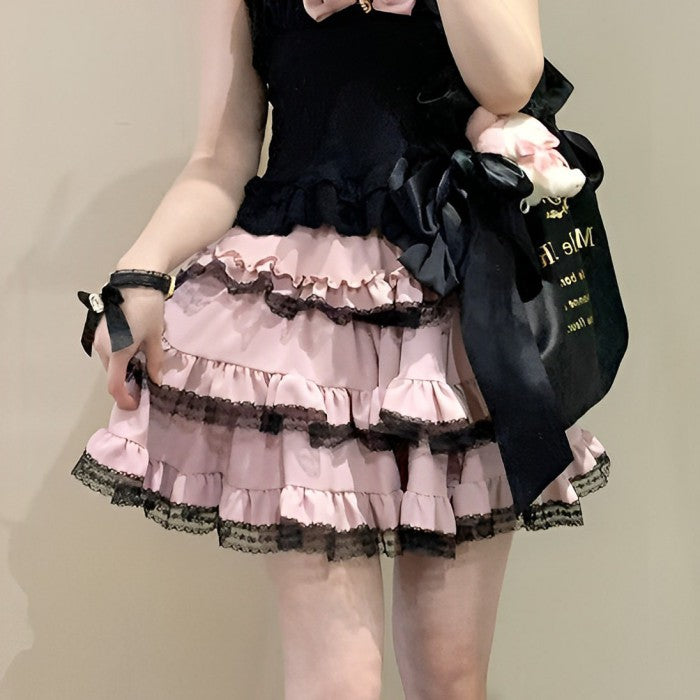 地雷インナーシャツレースリボンノースリーブシャツ+ケーキスカート