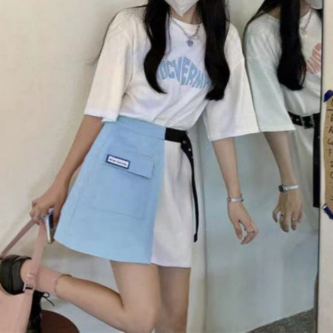 ロングTシャツ+ハーフスカートセットアップ(2)◆上下セット ガーリー系 S、M、L、XL、XXL