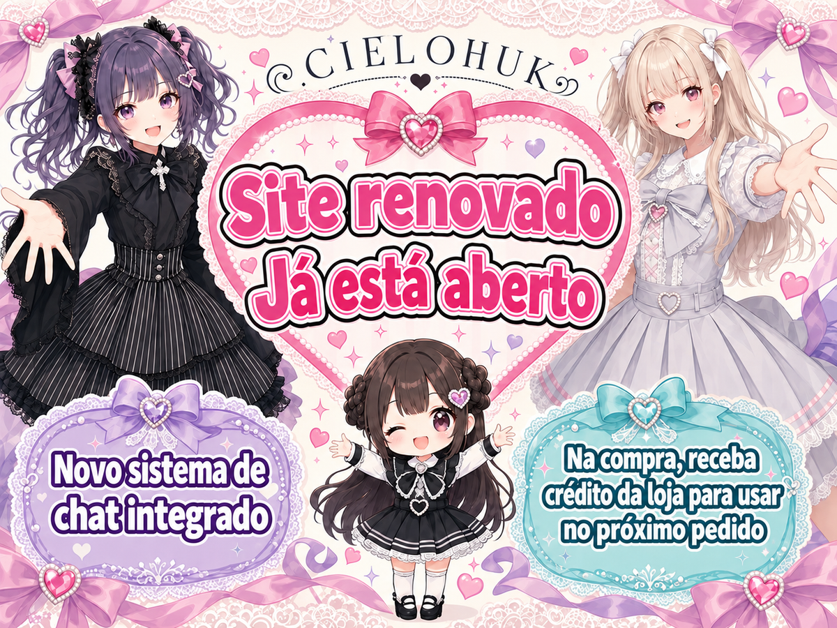 Site renovado — Já está aberto — Novo sistema de — chat integrado — Na compra, receba — crédito da loja para usar — no próximo pedido